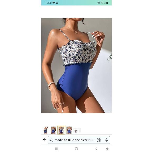 New Large Modihito Blue Bandeau Ruffled 1pc Smocked Swimsuit Bathing Suit NWT - Picture 3 of 5